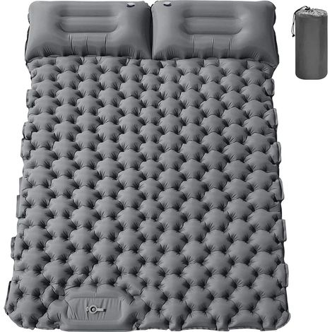 Double camping mattress with thick inflatable pillow for 2 people, portable, self-inflating, for outdoor use, hiking, travel (grey) (1/5)