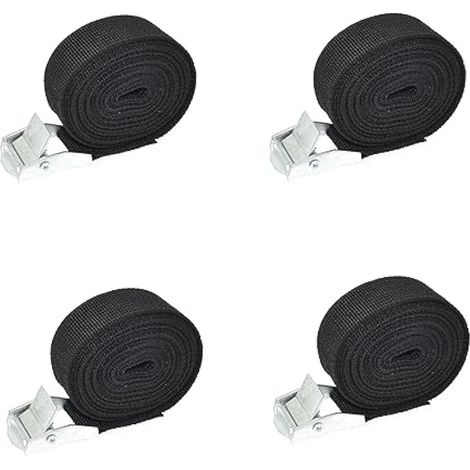 Lot de 4 sangles d'arrimage, sangles de fixation rapide pour barres de toit, voiture, porte-vélos, surf, kayak, moto, robustes, 4 m, noires (1/4)