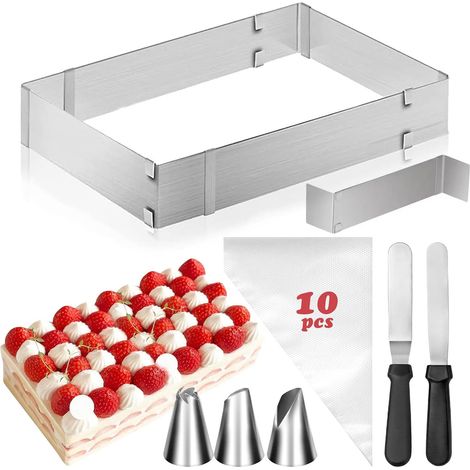 Ausziehbarer rechteckiger Gebäckrahmen, Gebäckrahmen aus Edelstahl, rechteckige Gebäckform mit 2 Spateln und Spritztüllen für kleine und große Kuchen und Torten (1/5)