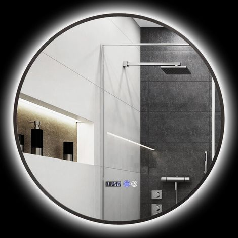Specchio Bagno con Luce LED a 3 Tonalità Ø70 cm Antiappannamento e Display Tempo e Temperatura Nero (1/5)
