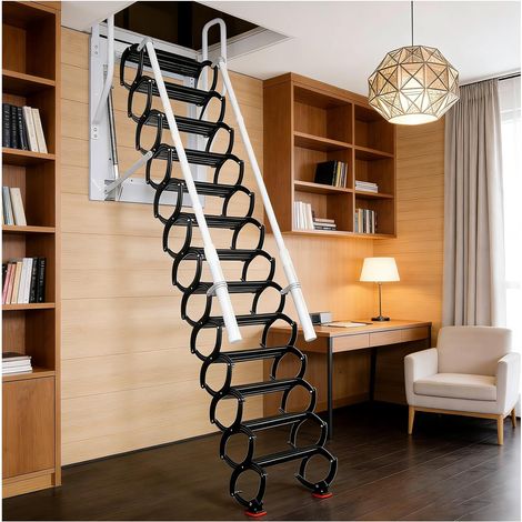2.8m Escalier escamotable Mural, échelle télescopique métallique antidérapante avec système de Descente par poignée, Charge 300kg, apte à Domicile/entrepôt (Noir, 11 étapes) (1/5)