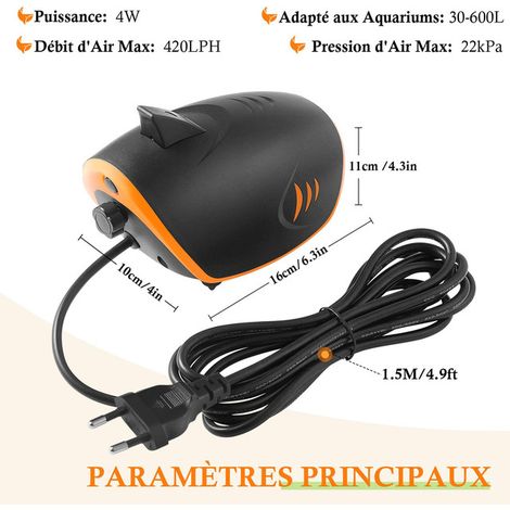 Pompe à Air pour Aquarium Ultra Silencieuse Compresseur d'Air Réglable à Double Sortie avec Diffuseur et Clapet Anti-Retour pour Bassin et Aquarium 30L à 600L
