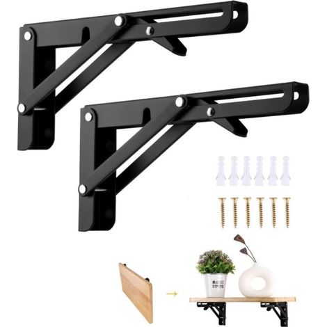 Équerre Pliante200mm, 2 Pièces Noir Support Console Pliable, Supports D' étagères Pliants Charge, Lourds Support Console Pliable Rétractable, Equerre (1/5)