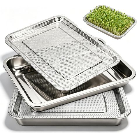 Lot de 2 Plateaux de Germination en Acier Inoxydable, 27 x 20 cm Plateau de Germination de Graines, Kit de Germination à Double Couche avec Filet pour Herbe à Chat, Vanille, Périlla, Haricots Verts (1/5)