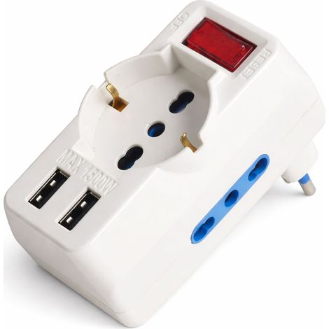 Multipresa Adattatore con Interruttore Spina 10A, 2 Prese Bipasso 10A/16A, 1 Presa Schuko Universale, 2 USB A 5V/3A 250V Max 1500W
