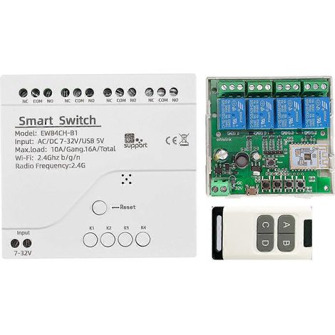 Module relais intelligent EWeLink WiFi Bluetooth + télécommande 7-32 V marche/arrêt 4 canaux, compatible Alexa (1/5)