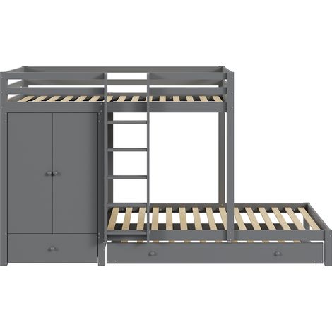 Lit superposé en bois massif avec lit gigogne 90x200, lit enfant avec armoire, tiroirs et étagère, Gris (1/5)