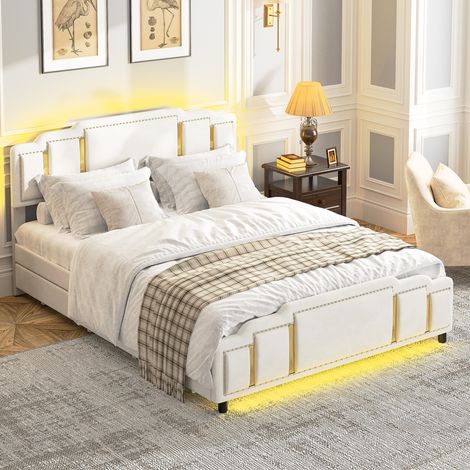 Letto matrimoniale imbottito 211.5x144.5x106.5 cm, con cassetti, LED, velluto, beige (1/5)