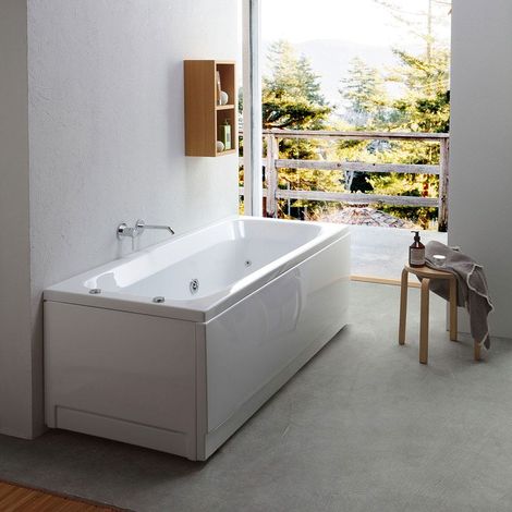 Kiamami Valentina – Baignoire balnéo hydromassage 7 jets – Acrylique blanc – L 170 cm, H 58 cm, P 70 cm – Panneau frontal et latéral