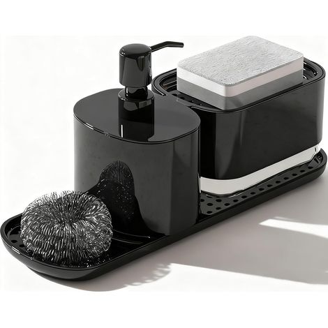 Dispensador de jabón de cocina con bandeja, dispensador 4 en 1 de jabón de manos y lavavajillas con soporte para esponja para fregadero (negro) (1/4)