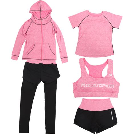 5 pièces Ensemble Yoga Femme Tenue Sport Veste Manches Longues Leggings Shorts Combinaison Rose Rouge XL (1/5)