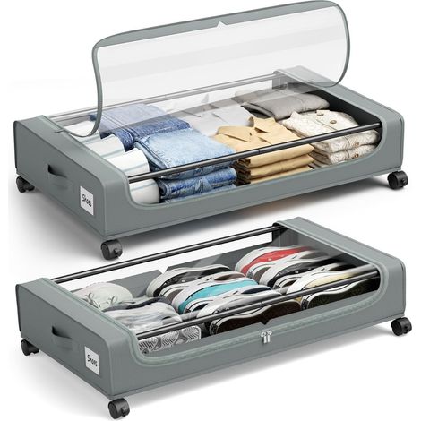 Lot de 2 boîtes de rangement sous le lit à roulettes avec couvercle transparent, cadre en tissu et métal, tiroirs de rangement sous le lit pour vêtements, couvertures, chaussures, jouets, gris (1/5)