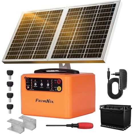 Clôture Électrique Solaire 48 KM, 6–12 KV, 0,3–1,5 J Panneau Solaire 15 W et Batterie Plomb-Acide 12 V 7 Ah Intégrée pour Bovins, Volailles et Autres Animaux (1/5)