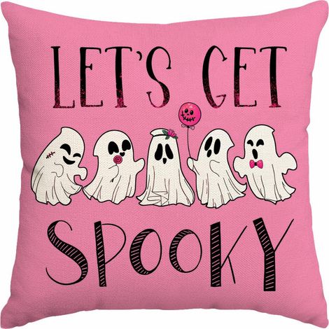Lot de 2 housses de coussin roses en lin, motif Halloween « Let's Get Spooky », cinq fantômes blancs et toile d'araignée, décoration mignonne pour canapé et maison (1/5)