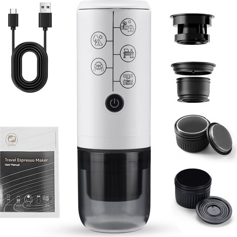 Cafetière Espresso Portable Toivize 4-en-1 17 Bars Compatible Capsules & Moulu Batterie 2600 mAh Compacte Blanche (1/5)