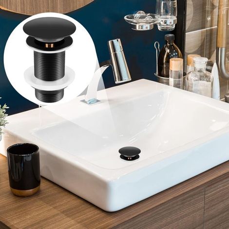 Bonde de Lavabo Noir Sans Trop Plein, Bonde de Lavabo Pop Up Noir Universelle, Bonde de Vidage Sans Trop Plein, Bonde de Vidange Sans Trop Plein, Bonde Pop Up Automatique pour Vasque a Poser (1/4)