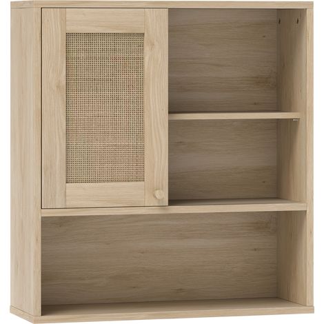 Armoire murale meuble haut salle de bain rotin coulissant avec étagères ouvertes en bois naturel (1/5)