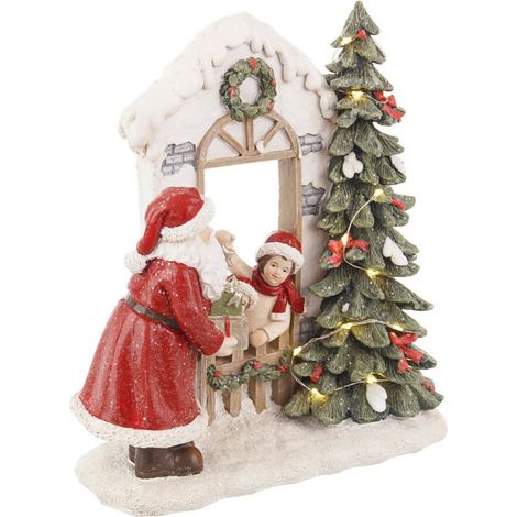 Casa "Marien" Babbo natale con bimbi e led in poliresina per decorazioni natalizie