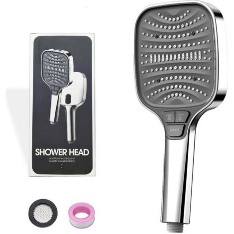 8 Modes Pommeau de Douche Anti Calcaire, Surface de Douche de 12 cm, Pommeau Douche avec Filtre et Ruban Adhésif, Économie d'eau et prévention du calcaire (Sans Flexible, Argenté) (1/5)