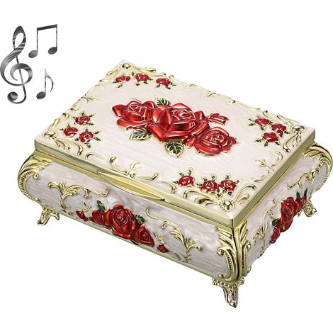 Boîte à musique en métal, Boîte à bijoux musicale, Beige+Rouge Boîte à souvenirs vintage, Pour bague Bracelet Boucles d'oreilles, Cadeau pour femme (1/5)