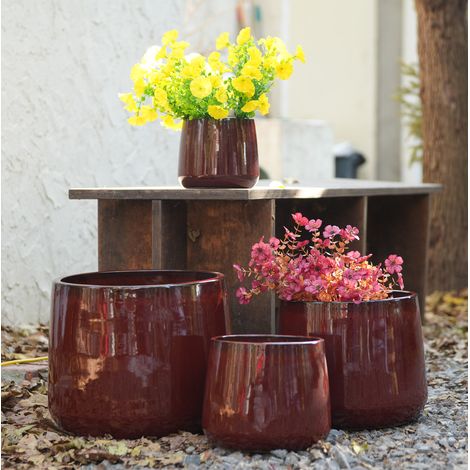 Set 4 vasi in ceramica rosso intenso lucido con fori di drenaggio HAVRYA (1/5)