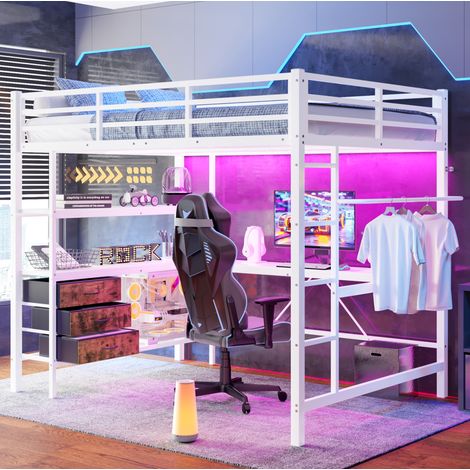 MEUBLIV Cama alta 140x200 cm blanca – escritorio, LED y almacenaje, sin colchón (1/5)