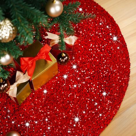Falda para árbol de Navidad de 60 cm, falda roja con purpurina, base grande y brillante, ideal para la decoración navideña de interiores. (1/4)