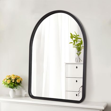 Miroir mural noir en arc, miroirs muraux à cadre en bois, miroir vintage décoratif de ferme pour salle de bain, salon, chambre à coucher, couloir 65L x 45L cm (1/5)