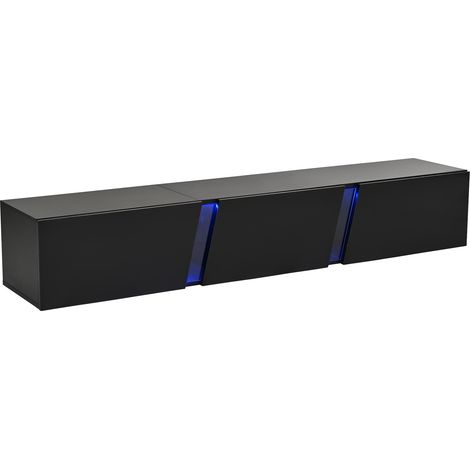 Meuble TV mural noir laqué avec éclairage LED, 180x35x30 cm, 3 portes, pour TV jusqu'à 75 pouces (1/5)