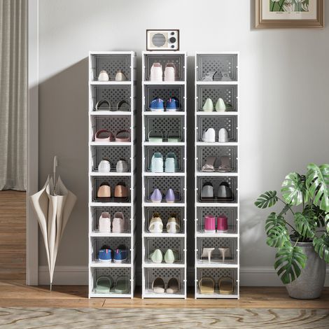 Scarpiera pliable blanche avec 8 tiroirs à chaussures empilables et panneau vitré transparent