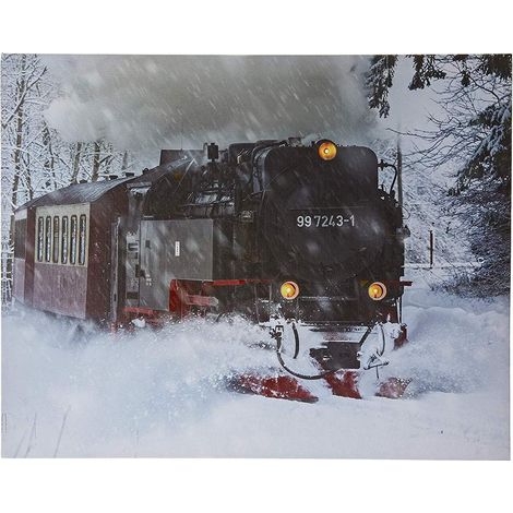 Cadre paysage LED avec interrupteur (Tren, 50 x 40 x 1,8) Locomotive Train dans la neige avec éclairage LED avec interrupteur, 3 points de lumière. 2 piles AA (1/3)
