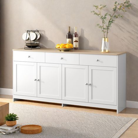 Commode buffet avec 3 tiroirs et 4 portes–Buffet en bois blanc 160 x 37 x 75 cm–Étagères réglables–Style champêtre–Pour salon/cuisine/salle à manger (1/5)