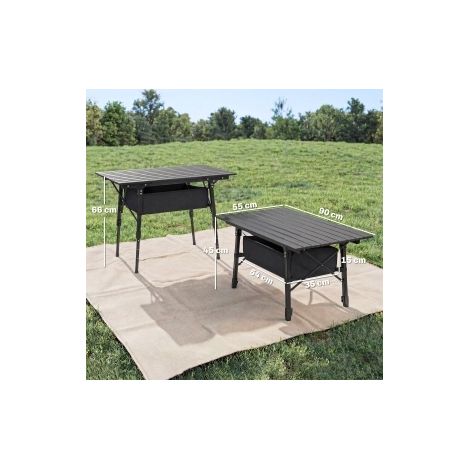 Table pliante de camping 90x55x45-66 cm noire en aluminium avec panier de rangement et hauteur réglable (1/5)
