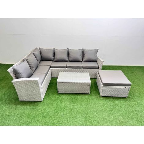 Fimous 7 Seater Garden Outdoor PE Rattan Furniture Set Rattan Garden Sofa Set with Oblong Coffee Table Light Grey Mixed (1/5)