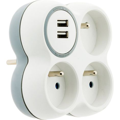 – Multiprise 3 prises 16A – 2 ports USB – Design moderne blanc/gris – Protection contre surcharges – Pour appareils énergivores