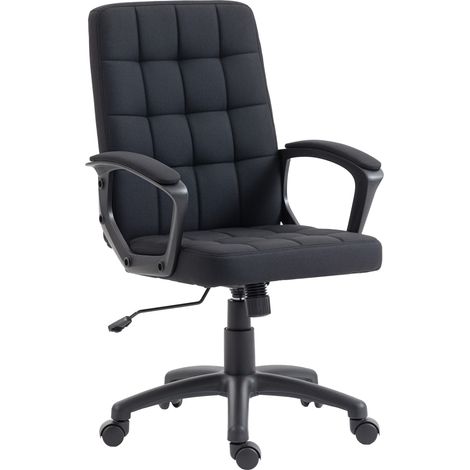 Sedia da ufficio girevole rivestita in lino sintetico, altezza regolabile, schienale inclinabile, braccioli di media altezza, colore nero.