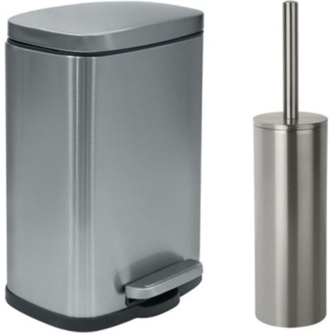 Set Poubelle à Pédale + Brosse WC en Acier AKIRA - Fermeture Douce Easy-Close, Anti Trace de Doigts - 21,4 x 17,6 x 30 cm - 5L - Inox Brossé (1/5)