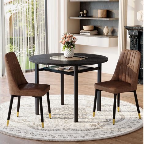 Esszimmergarnitur aus MDF, Glas und Metall in Schwarz/Braun, runder Tisch Ø100 cm mit 2 Stühlen, Glasintarsie und Ablage (1/5)