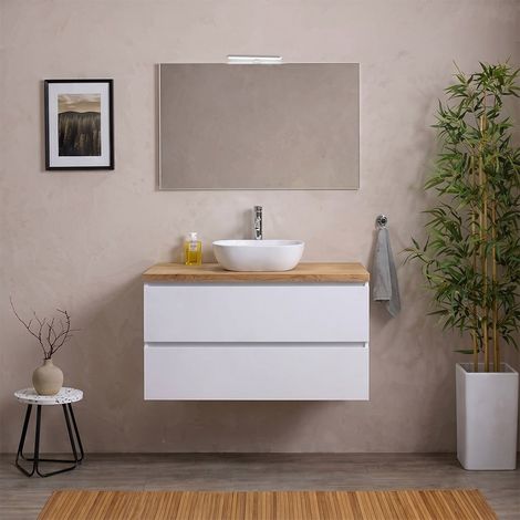 Mobile Bagno Sospeso 80Cm Bianco Export, Top Rovere Naturale, Specchio E Lampada  Berlin