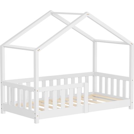 ML-Design Letto a Casetta per Bambini 70x140 cm Bianco in Legno Massello di Pino con Sponda di Sicurezza Rete a Doghe e Tetto, Lettino Montessori Basso da Terra per Bambine, Arredamento Cameretta (1/5)