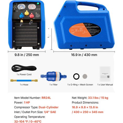 Máquina de recuperación de refrigerante, rendimiento versátil, diseño duradero, doble cilindro de 1 HP. (1/2)