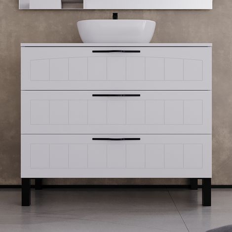 Meuble de salle de bain 90cm avec plateau et vasque à poser ovale - 3 tiroirs - sans miroir - blanc - CALA (1/5)