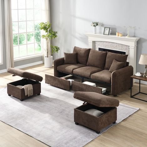 Ecksofa Chenille Antikbraun mit Schlaffunktion und Stauraum, 3-Sitzer mit 2 Hockern