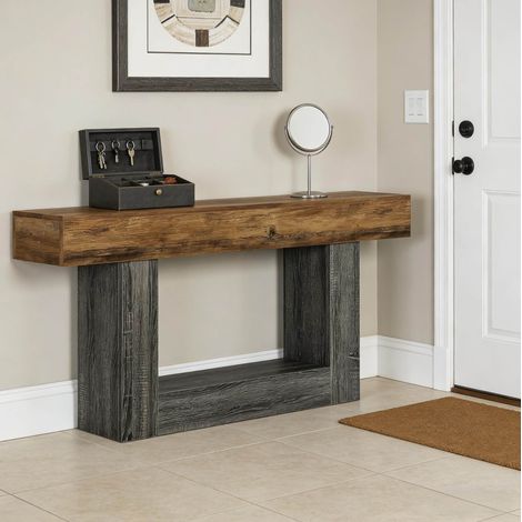 Table console avec étagère inférieure, gris vintage et marron rustique, pour salon et entrée (1/5)