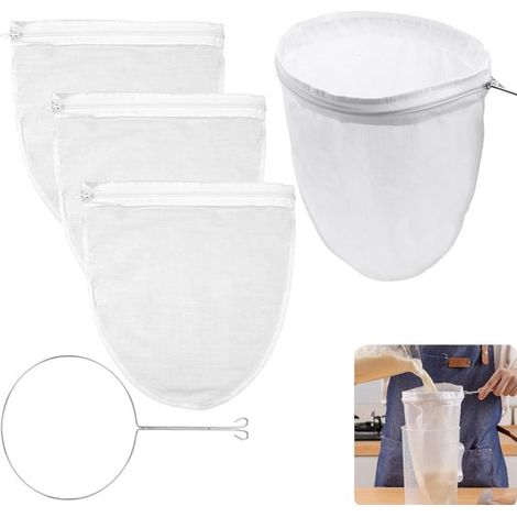 Lot de 4 sacs filtrants avec 1 anneau en acier, en tissu lavable et réutilisable, pour jus, lait, café et laits végétaux. (1/5)