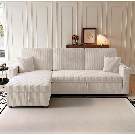 Sofá cama modular con almacenamiento y puertos USB y Type C, tejido de pana beige (1/5)