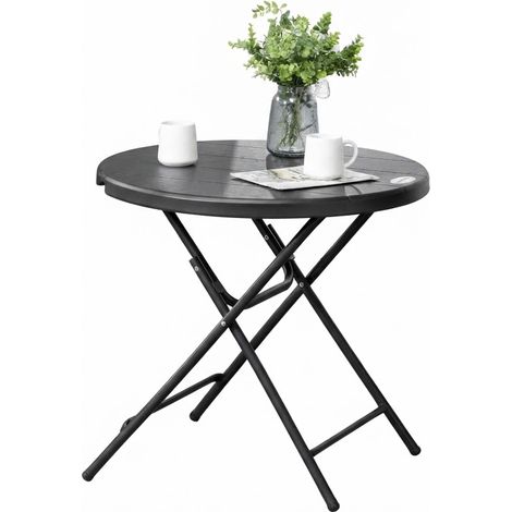 ELVMI Tavolo da Giardino Rotondo Pieghevole per 4 Persone, Piano Effetto Legno, Struttura in Acciaio, Balcone e Terrazza, Ø80 cm (1/5)