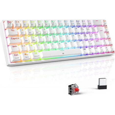 Gaming-Tastatur 65 TKL AZERTY, Bluetooth 2.4G Type-C, mechanisch kabellos, RGB, Gamer, Buero mobil kompakt