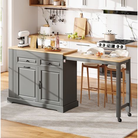 Isola da cucina 112x45x92 cm, piano laterale estraibile, vano pattumiera e 2 cassetti, MDF grigio (1/5)