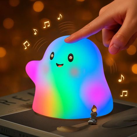 Veilleuse fantôme d'Halloween RGB - Tactile, couleurs arc-en-ciel changeantes, minuterie 30 min, sons et musique pour s'endormir, silicone souple, rechargeable par USB,Éclairage de chambre sur le thèm (1/5)